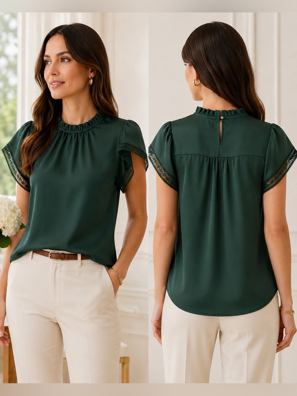 J.Crew Flutter Sleeve Lace Trim Dressy Blouse Forest Green Romantic Office XXS